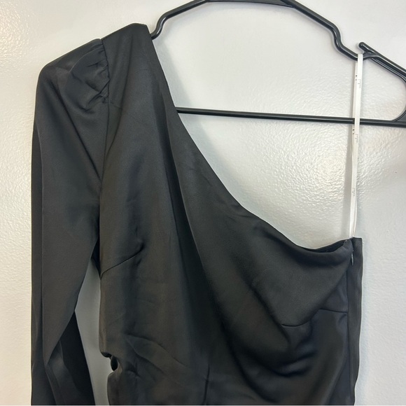 NWT Lulu's Happy Hour Chic Black Satin Ruched One-Shoulder Mini Dress Size XS - Picture 3 of 14